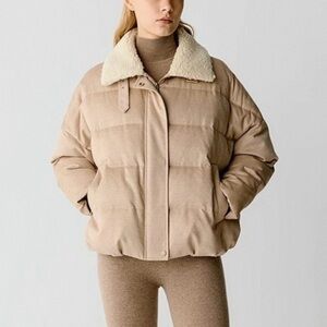 Oversized Cream Silk & Camel Hair Wool Puffer Jacket with Shearling High Collar